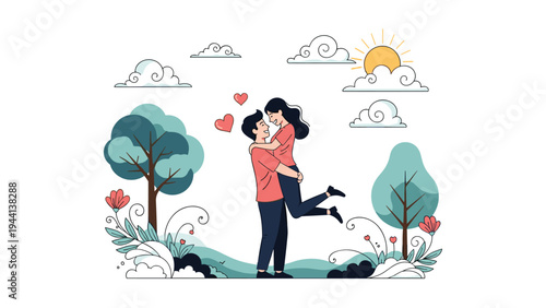 Romantic couple shares a warm hug in a picturesque park surrounded by green trees and blooming flowers under a bright sunny sky.