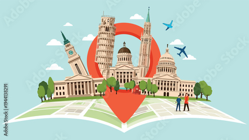 Collection of famous global landmarks stands on a folded map with a large red location pin and two people planning their next trip.