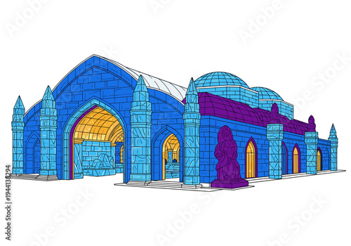 Stylized illustration of a grand ice palace with blue brick walls and purple roof sections