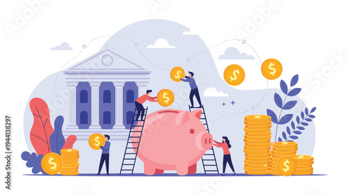Collaborative business team uses ladders to drop gold coins into a giant pink piggy bank in front of a traditional bank building.