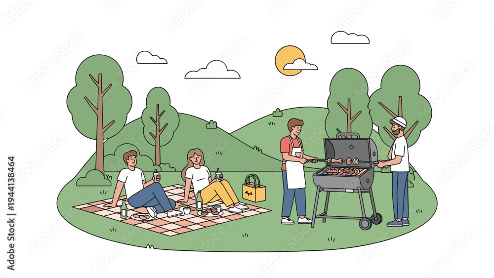 Fototapeta premium Group of happy friends enjoying picnic on grass and grilling meat on barbecue in public park under sunny sky with green hills and trees.