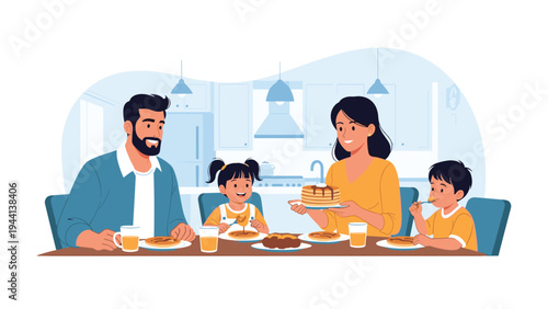 Happy family of four enjoying a delicious breakfast of pancakes and orange juice together in their modern kitchen.