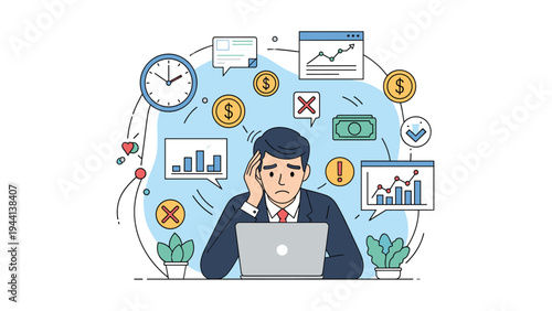 Stressed businessman overwhelmed by financial data, deadlines, and multi-tasking while working on a laptop in an office.