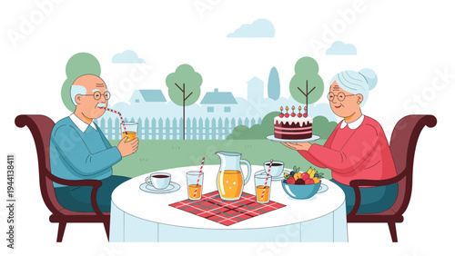 Happy elderly couple celebrating a birthday with a cake and tea in a beautiful garden outside their suburban home.