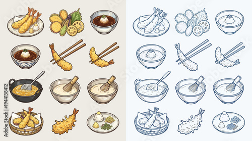 A collection of colorful and line-art illustrations of Japanese tempura dishes and ingredients, presented in a grid format.