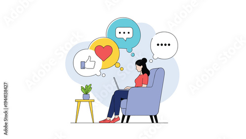 Young woman sitting on armchair working on laptop while various social media notification icons float in the background of modern house.