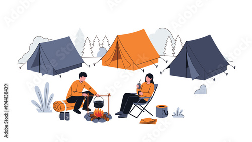 Romantic couple sitting by campfire and cooking food near blue and orange tents in forest landscape during outdoor camping adventure trip.