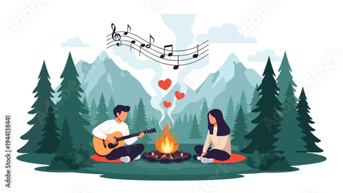Romantic young couple sitting by campfire in forest playing guitar and listening to music with high mountain peaks backdrop in nature.