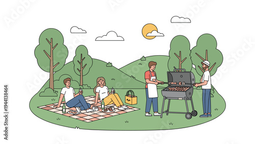 Group of happy friends enjoying picnic on grass and grilling meat on barbecue in public park under sunny sky with green hills and trees.