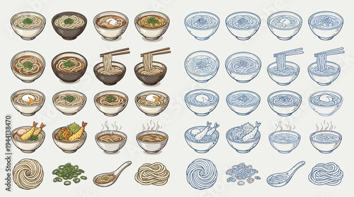 A detailed illustration showcasing a variety of Japanese noodle soups, tempura, and other traditional dishes, presented in a grid format.