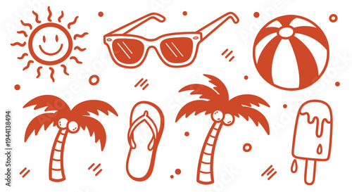 Summer Vacation Icons Set Fun Beach Holiday Elements Doodle Style