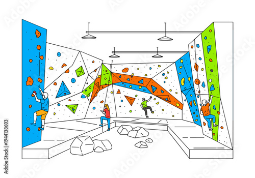 Diverse group of people enjoying bouldering and rock climbing indoors at a modern gym