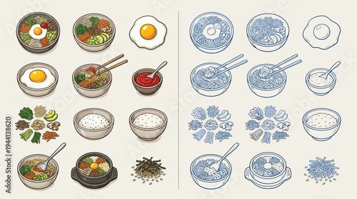 A collection of colorful and monochromatic illustrations of Korean dishes and ingredients, presented in a grid layout.
