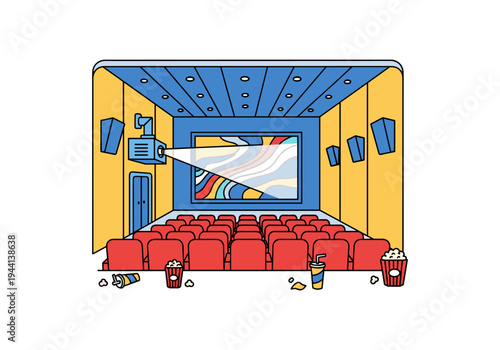 Empty movie theater with red seats and projector showing abstract colorful visuals