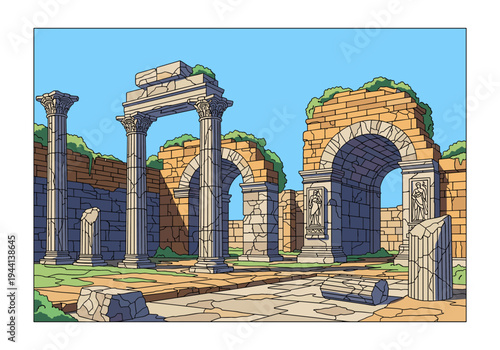 Ancient Roman ruins with Corinthian columns and arches under a clear blue sky