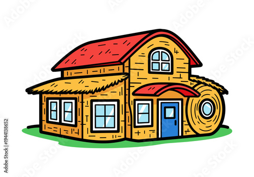 Charming cartoon illustration of a rustic yellow house with a red roof and straw accents