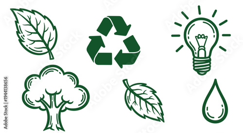 Green Eco Symbols Tree Leaf Lightbulb Drop Recycle Icon