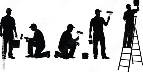 Professional house painter silhouette set with ladder paint rollers and buckets for home renovation cad drawing flat vector illustration