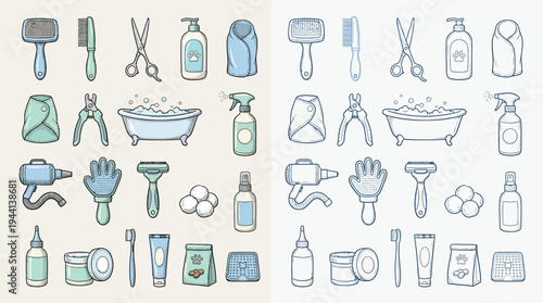 A collection of grooming tools and supplies for pets, presented in two distinct color palettes for comparison.