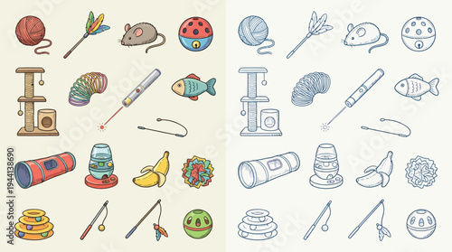A collection of colorful and monochrome illustrations of various cat toys, including balls, mice, feather wands, and scratching posts.