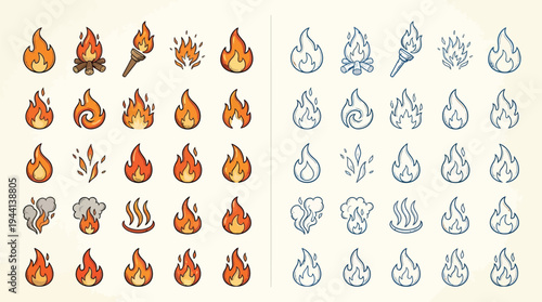 Collection of stylized fire and flame icons in both color and outline versions, suitable for graphic design and digital interfaces.