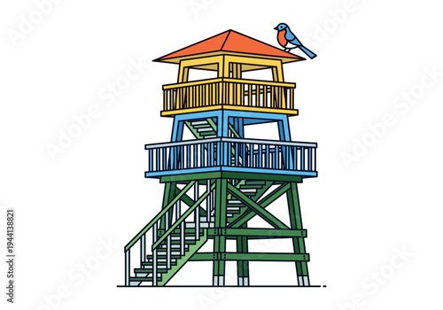 Colorful observation tower with a bird perched on top, isolated on white background