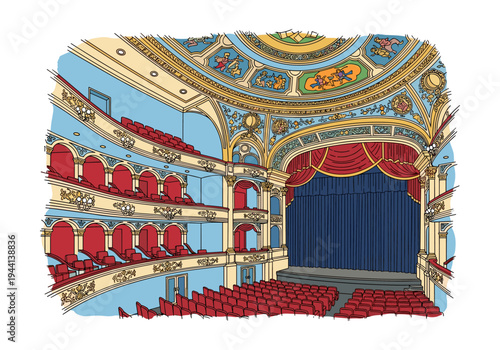 Grand theater interior with ornate balconies, red seats, and a blue stage curtain