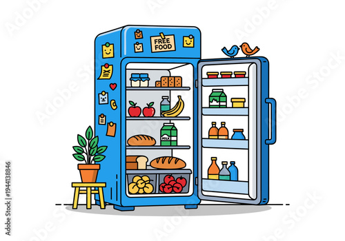 Open blue refrigerator stocked with food and a "Free Food" sign on the door