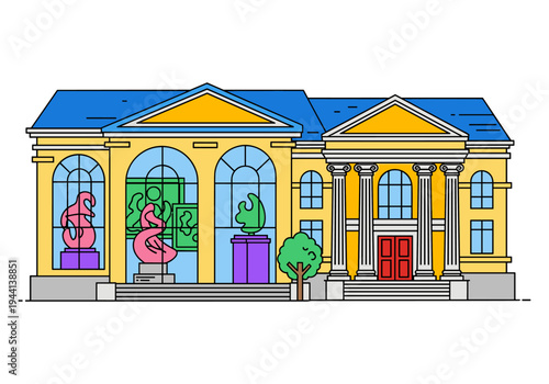 Modern art museum building with colorful sculptures and classical architecture elements