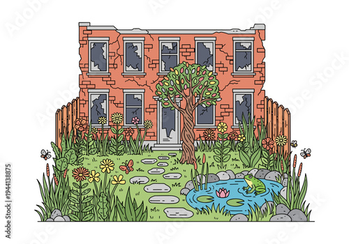 Abandoned brick house with a vibrant garden and pond, symbolizing nature's resilience