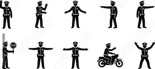 Professional Traffic Police Icon Set Featuring Officers in Uniform Using Hand Signals Gestures for Traffic Control Stop and Direction Silhouettes