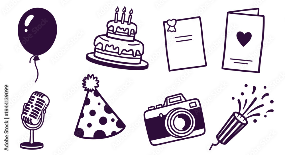 Fototapeta premium Birthday Party Celebration Icons Set with Balloon Cake Camera and Confetti