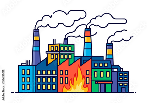 Colorful industrial factory complex with smoke stacks and a building on fire