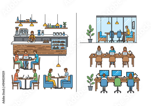 Modern coworking space and cafe interior with people working and socializing