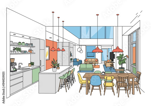 Modern open-plan living space with kitchen, dining, and lounge areas in a bright, airy home