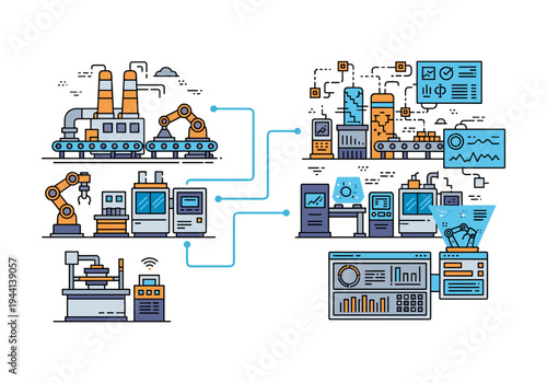 Modern automated factory production line with robotic arms and digital control systems