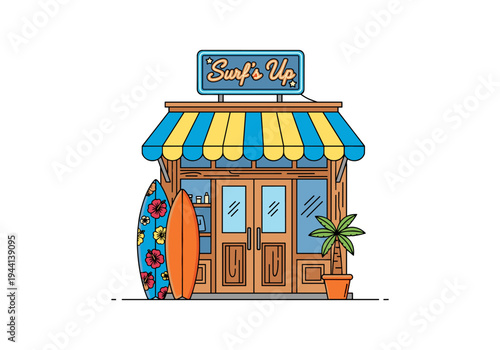 Surf shop with surfboards and palm tree, a charming beachside business
