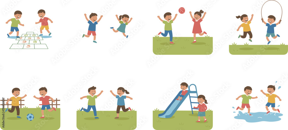 Obraz premium Cartoon children playing hopscotch, soccer, jump rope, and slide in joyful outdoor activity design