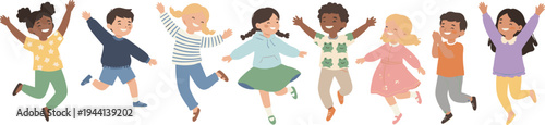 Cartoon children jumping with happy faces, diverse outfits, and playful energetic poses in cheerful design