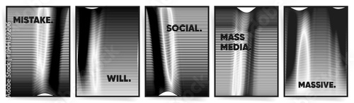 Black and white typographic op art poster set. Abstract striped vector backgrounds with distortion
