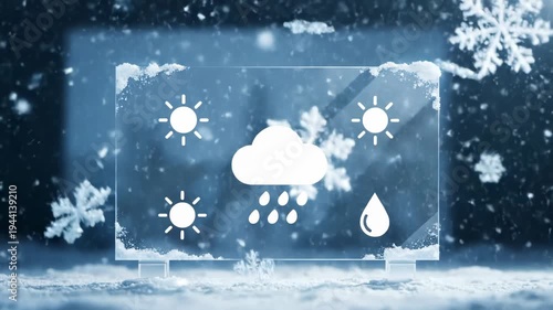 Digital weather forecast display made ice with sun, rain, cloud icons, for changing climate conditions seasonal forecasts in winter