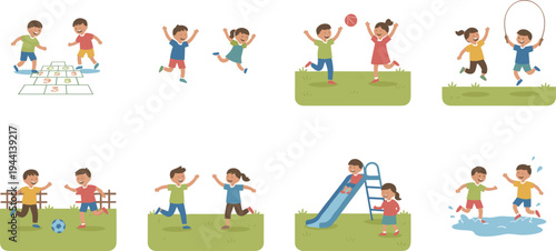Cartoon children playing hopscotch, soccer, jump rope, and slide in joyful outdoor activity design