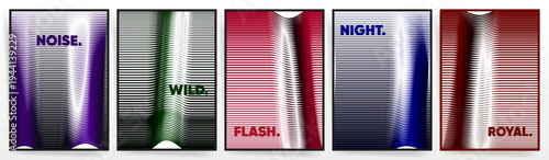 Abstract optical line posters with typography. Modern striped vector set with colorful distortion effect

