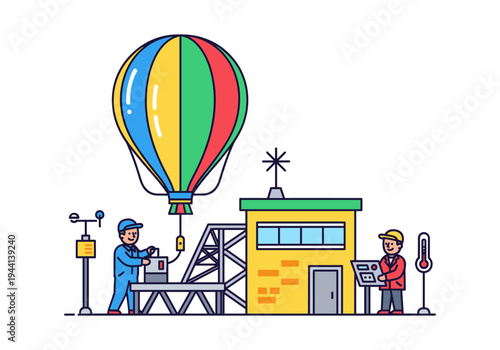 Meteorological station with hot air balloon and workers monitoring weather data