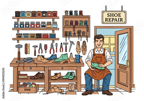 Smiling shoemaker in his workshop holding a green shoe, surrounded by tools and materials