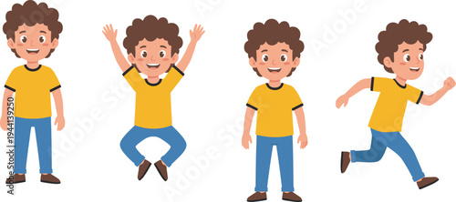 Cartoon curly‑haired child in yellow shirt smiling, jumping, and running in joyful playful character design