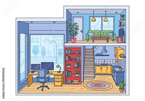 Modern apartment interior design with living room, kitchen, and home office