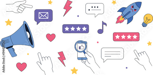 Cartoon digital communication icons with social media, messaging, likes, reviews, and creative online interaction design