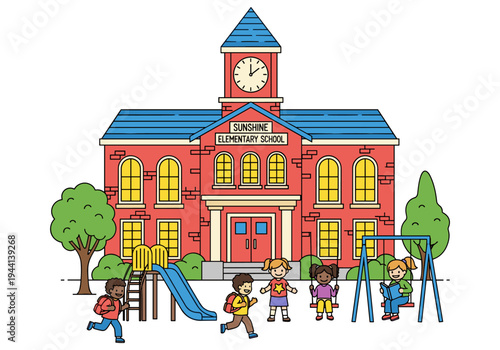 Children playing and learning outside a charming elementary school building with a clock tower