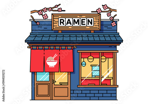 Charming Japanese ramen shop exterior with cherry blossoms and traditional red noren curtains